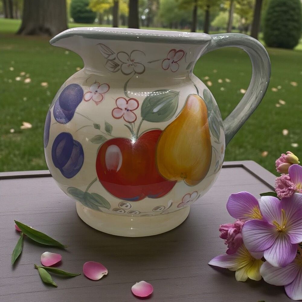 Hand Painted Fruit Floral Ceramic Pitcher Multicolor Vintage Farmhouse Style